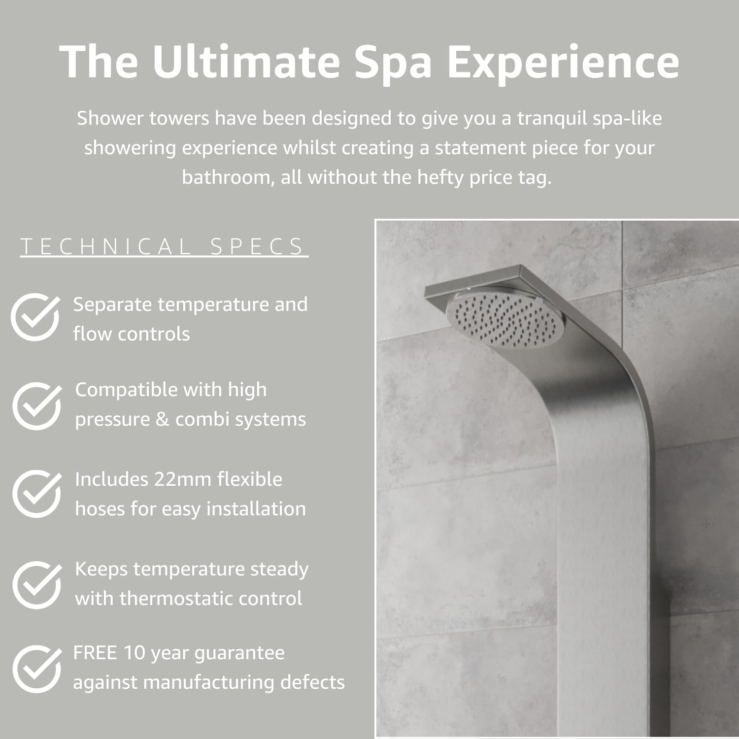 Thermostatic Bathroom Shower Panel Column Tower With 2 Body Jets Twin Head - View #12