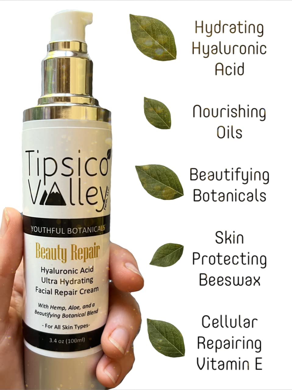 TIPSICO VALLEY FARM | All Natural - Organic Ingredients | Hyaluronic Acid 0.5% | Daily Moisturizer | 3.4 ounces (100.0 mL)