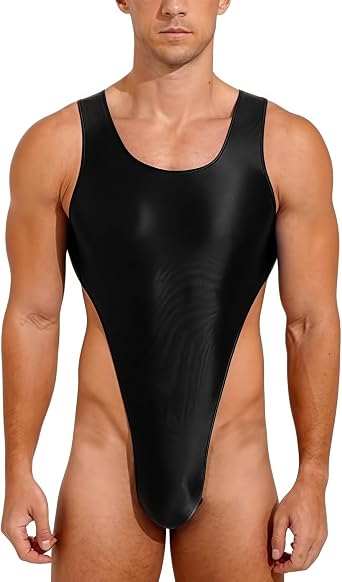 Men's Shiny Glossy Leotard, Sleeveless U Neck High Cut Thong Gymnastics Bodysuit, Stretchy Low Back Solid Sparkle Dance Jumpsuit, Slim Fit One Piece Leotard for Training Swimwear Yoga Gym Workout