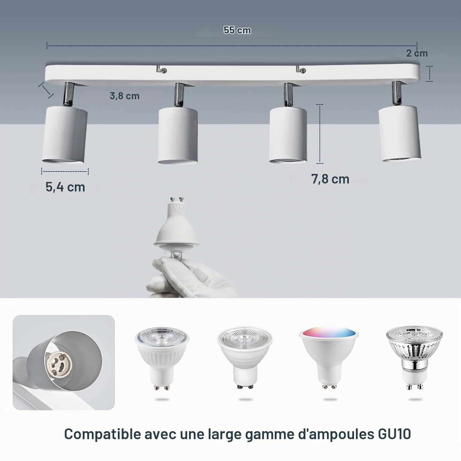 Plafonnier 4 Spot, GU10 Plafond Spot Blanc Chaud 3000K 5W 430LM, Plafond Lampe Rotatif Peut être Monté au Plafond ou au mur, Lampe Spot à Angle Réglable