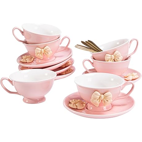 Teacup and Saucer Set, 6 Pink Bowknot Teacups and Saucers for Tea...