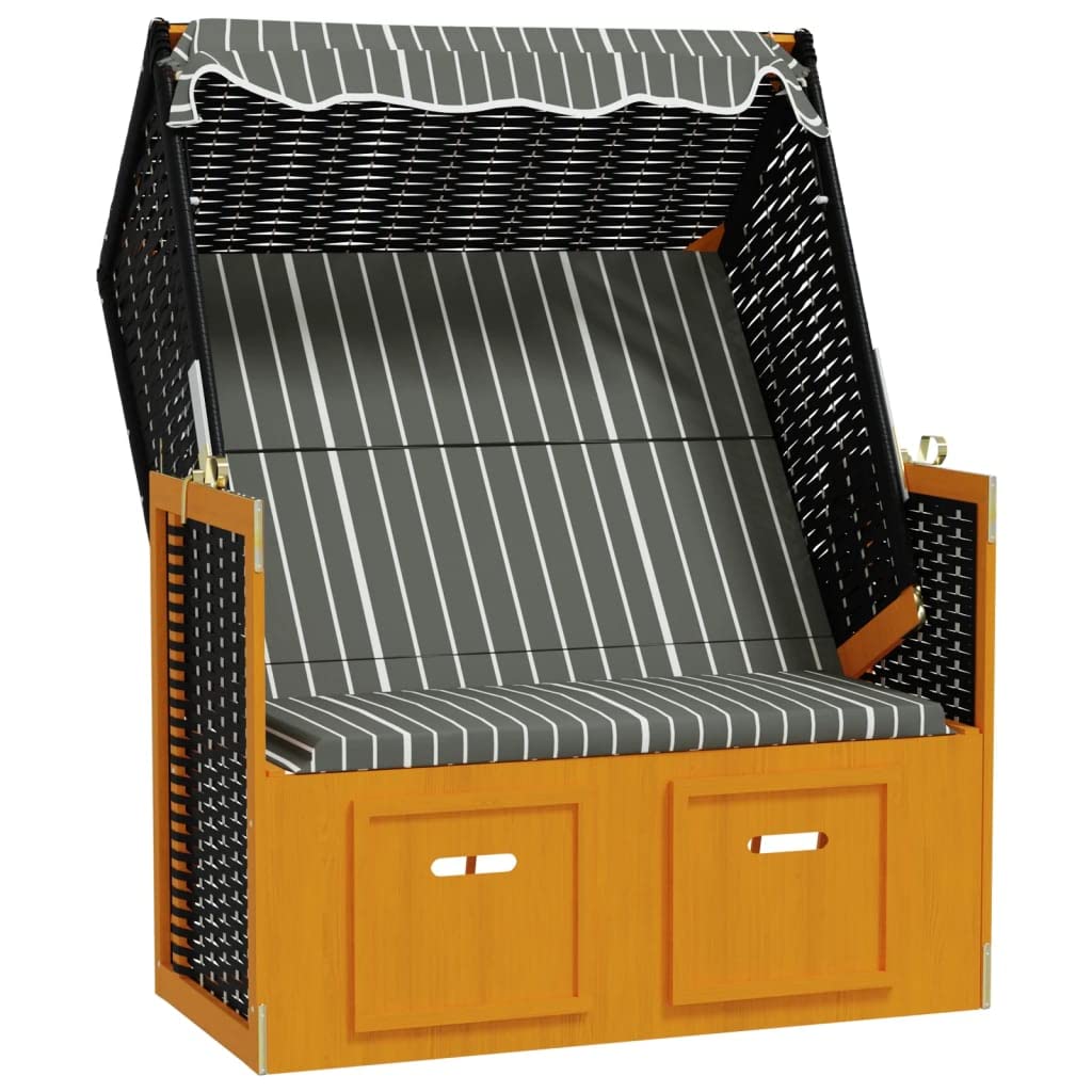 Bussandri Exclusive - Strandkorb mit Dach Poly Rattan und Massivholz Schwarz & Grau
