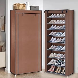 10-Tier Vertical Shoe Rack Organizer with Dustproof Non-Woven Cover, Space-Saving Shoe Storage Shelf for Entryway & Closet, Sturdy Metal Frame, Holds 20–30 Pairs, Brown (57×29×159 cm)