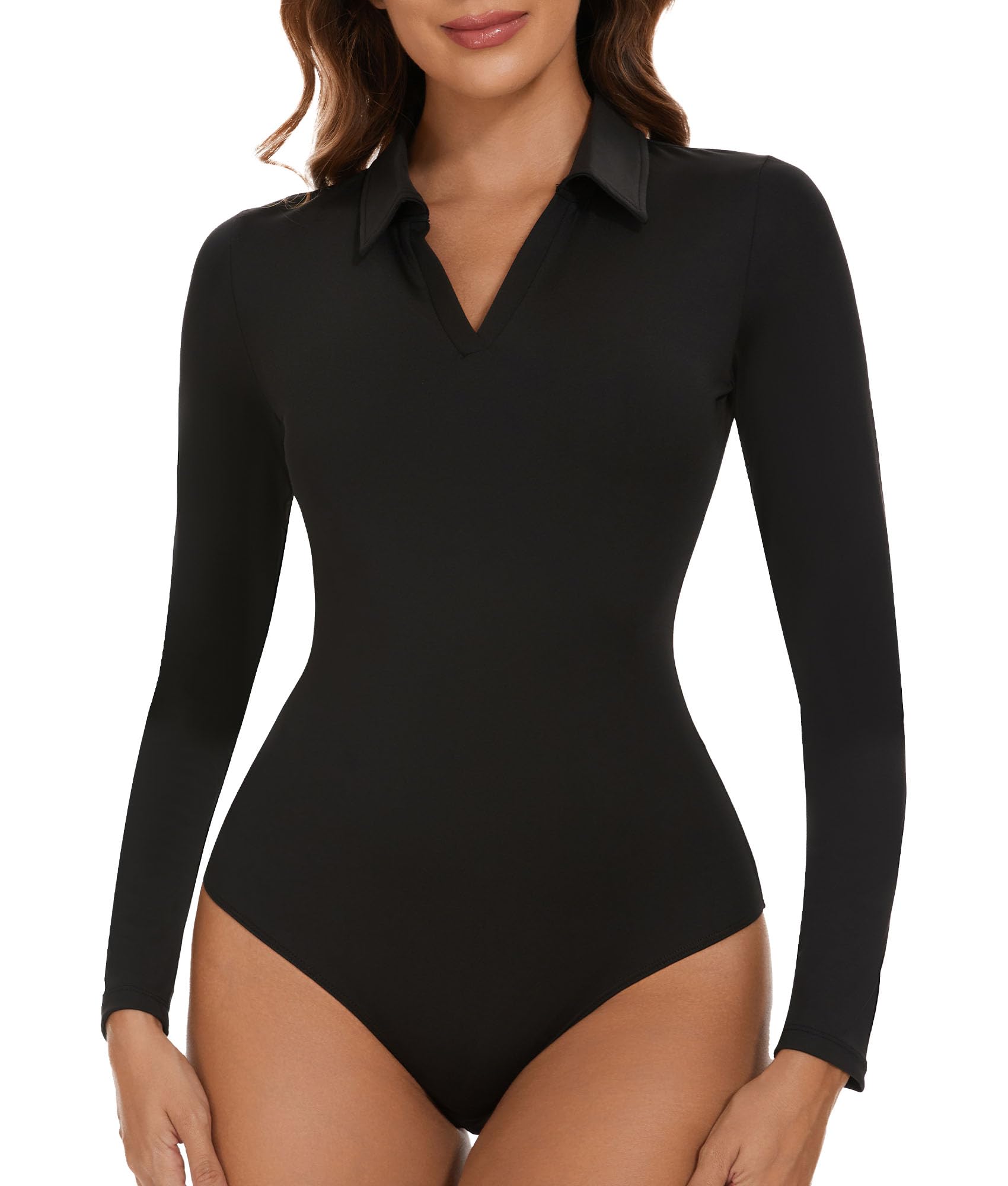 Body Femme Manches Courtes SHAPERIN - String Bodysuit Col V - T-Shirt Une Pièce Uni - Noir Blanc Rouge