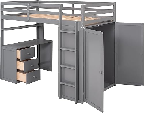 Miniatura 229 de Cama alta funcional tamaño individual con 2 cajones y 2 armarios, base de cama de madera maciza con barandilla de seguridad y escalera de