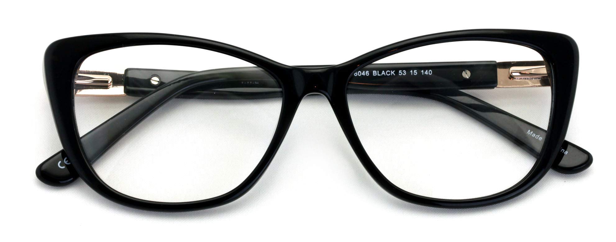 Women Premium Acetate Big Lens Cateye Reading Glasses - Fun Cat eye Clear Lens Readers - Gold Metal Accent