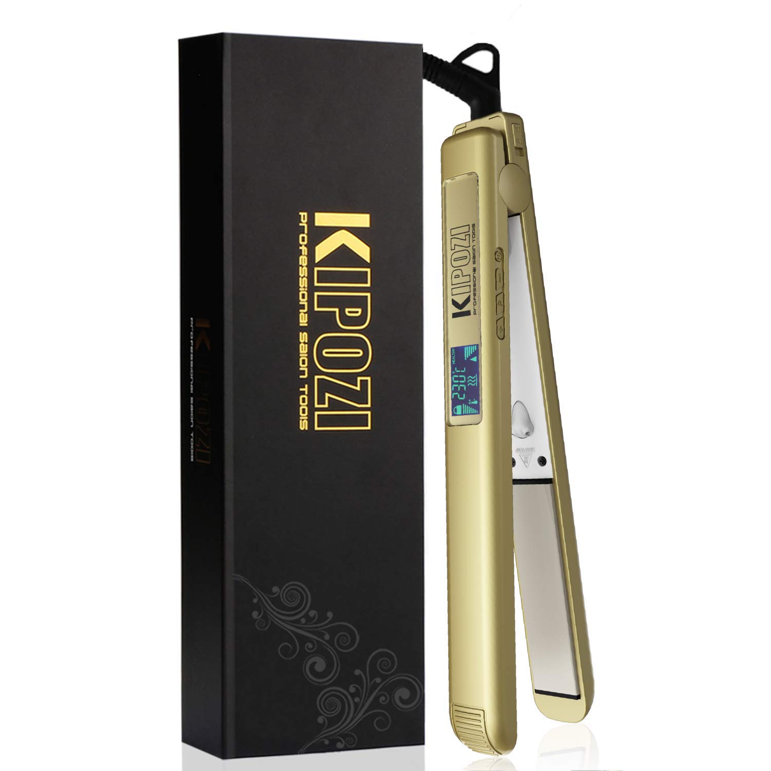 KIPOZI Pro Hair Straighteners UK 230 Digital LCD Titanium Anti Frizz Hair Dual Voltage Auto Off,Golden