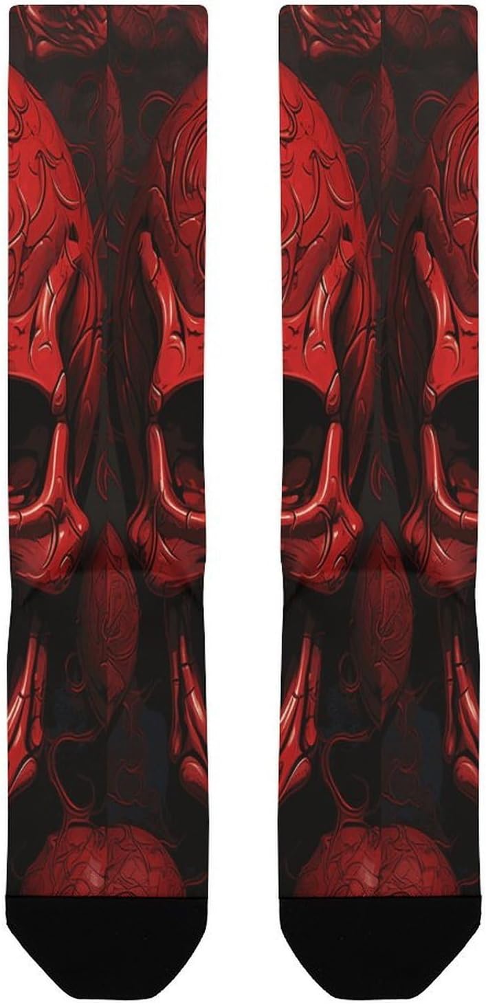 Red Skulls Knee High Soccer Socks Moisture Wicking