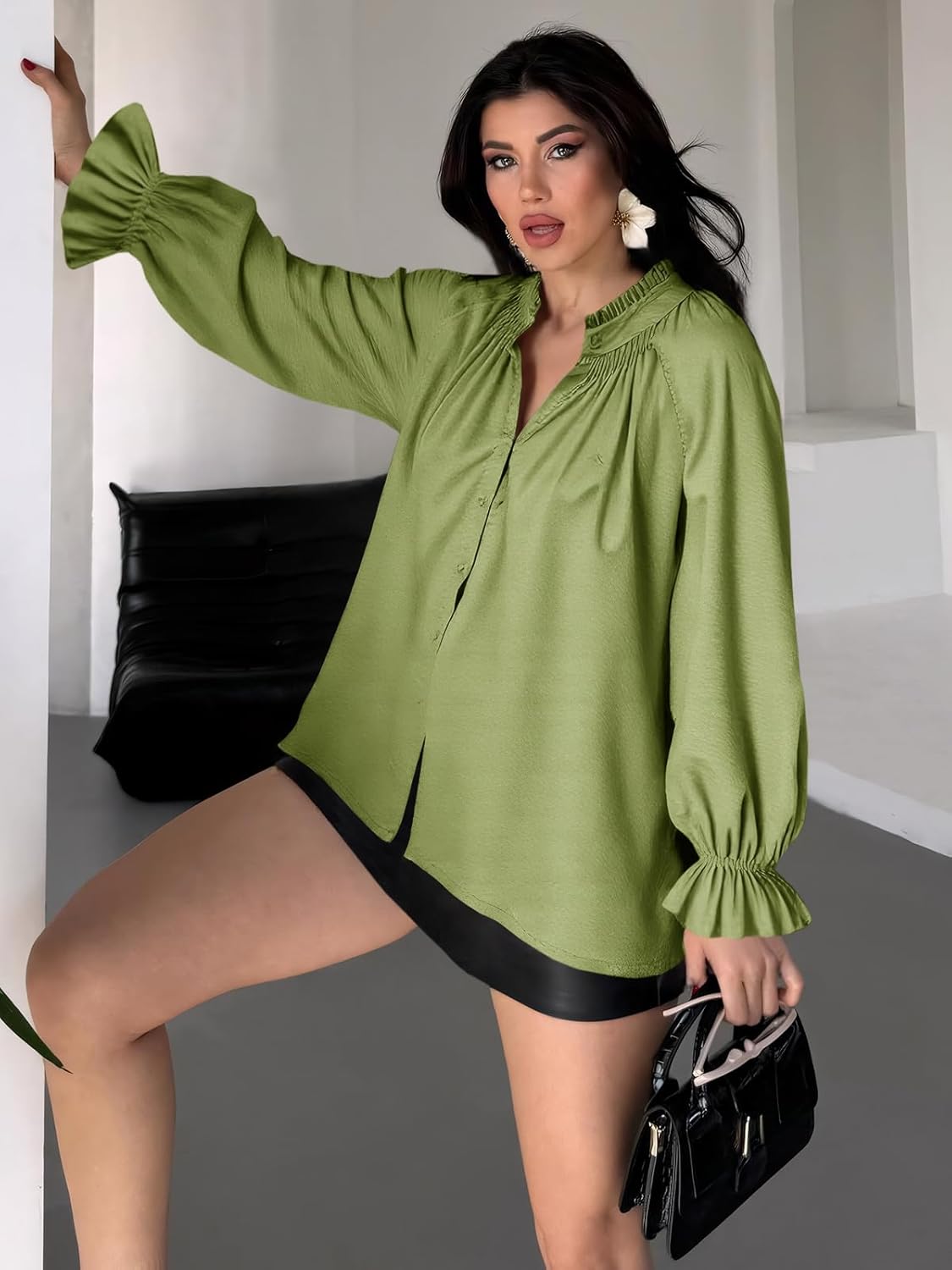 Tankaneo Womens Puff Long Sleeve Button Down Shirts Pleated V Neck Cotton Blouses Loose Fit Casual Ruffle Tops - Image 5