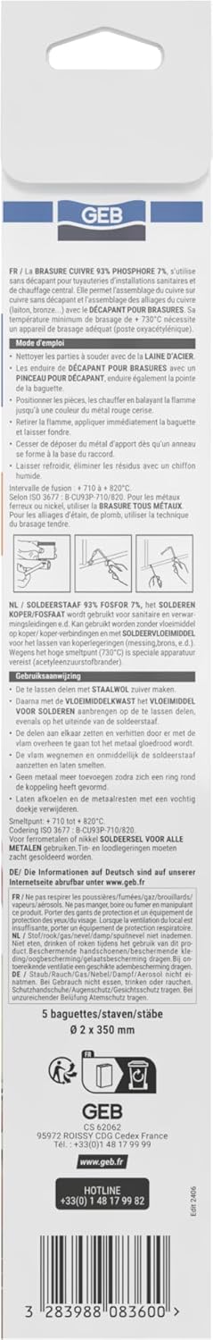 GEB Copper/Phosphorus Rods for Strong Brazing. Can be Used on Pipes of Sanitary installations, Heating … - 5 Rods