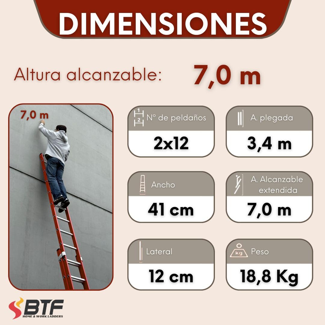 BTF | Escalera de Fibra de Vidrio 2 tramos 3,5 MTS, de 12 peldaños x Tramo | Escalera Extensible por Cuerda | Altura alcanzable Aprox. 7,0 Metros | Certificada EN131 - Carga 150 kg. BTF-EDFEC6635