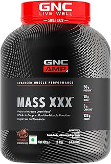 GNC Amp Mass Xxx Gainer Powder|2 Kg|Boosts Lean Muscle Gains|Amps Up Workout Results|50G Protein|10G Bcaa|127.5 G Carbs|3G Creatine|Chocolate, 1 count, 9 servings
