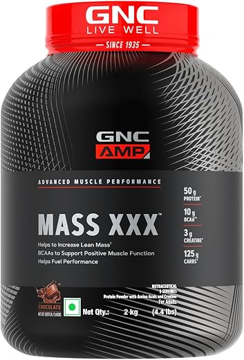 GNC Amp Mass Xxx Gainer Powder|2 Kg|Boosts Lean Muscle Gains|Amps Up Workout Results|50G Protein|10G Bcaa|127.5 G Carbs|3G...