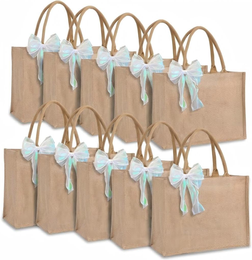 10pcs Burlap Tote Bags Set with Handles, Large Jute Tote Waterproof Reusable Blank Grocery Bags with Ribbon 15*6*12 Inch for Bridesmaid Gift, Beach, Travel, Wedding Party Favors, DIY, Shopping