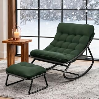 Sillon Mecedora–con cojín y Taburete,Sillon de Lectura Metal, Cómoda Silla de butaca Mecedora Soporte de carga150 kg para salón, terraza, balcón, jardín. (Verde)