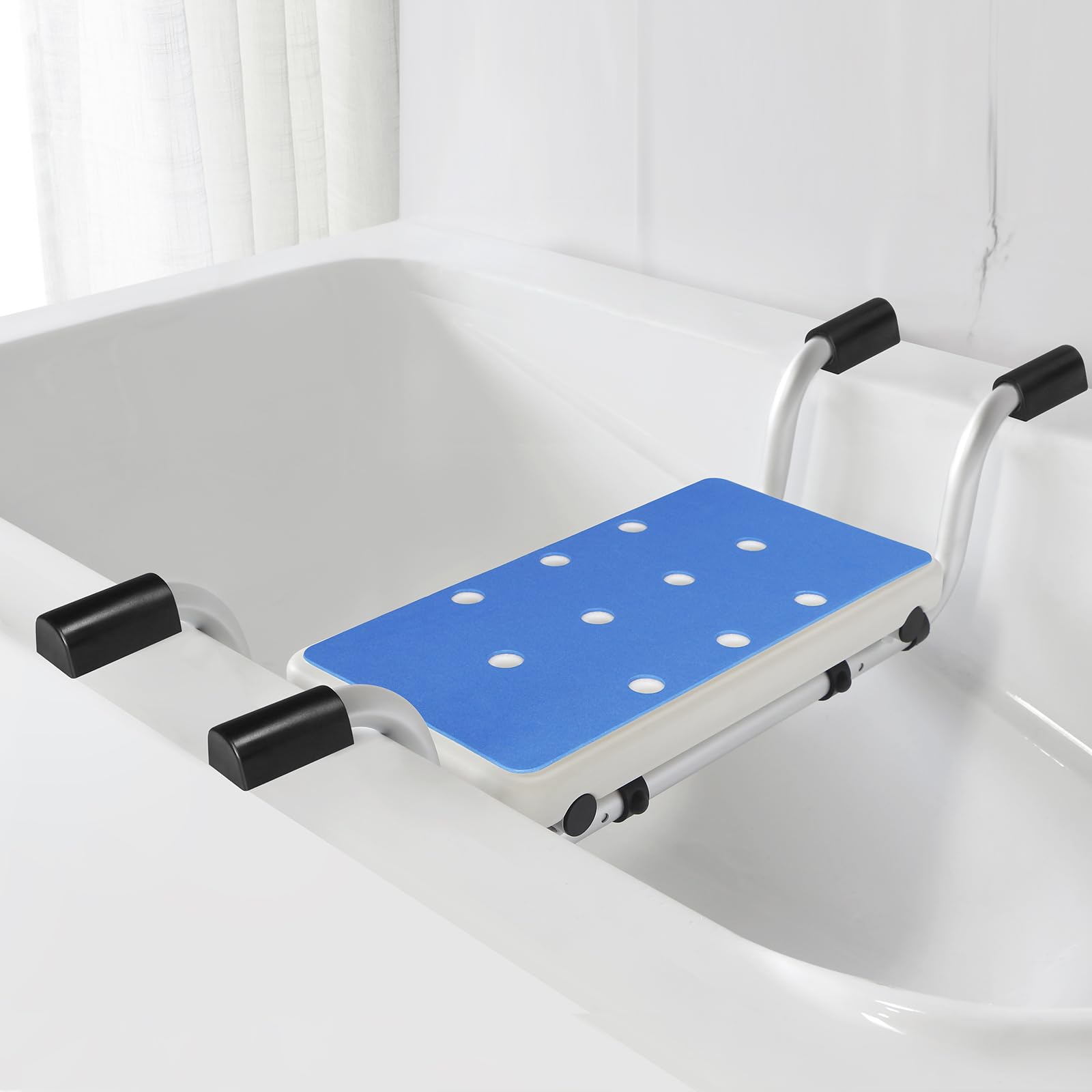 Asiento de bañera para personas mayores con acolchado de EVA azul, asiento de ducha antideslizante para bañera, diseño de alto contraste, ancho ajustable en 2 niveles (71/81 cm), aluminio, soporta