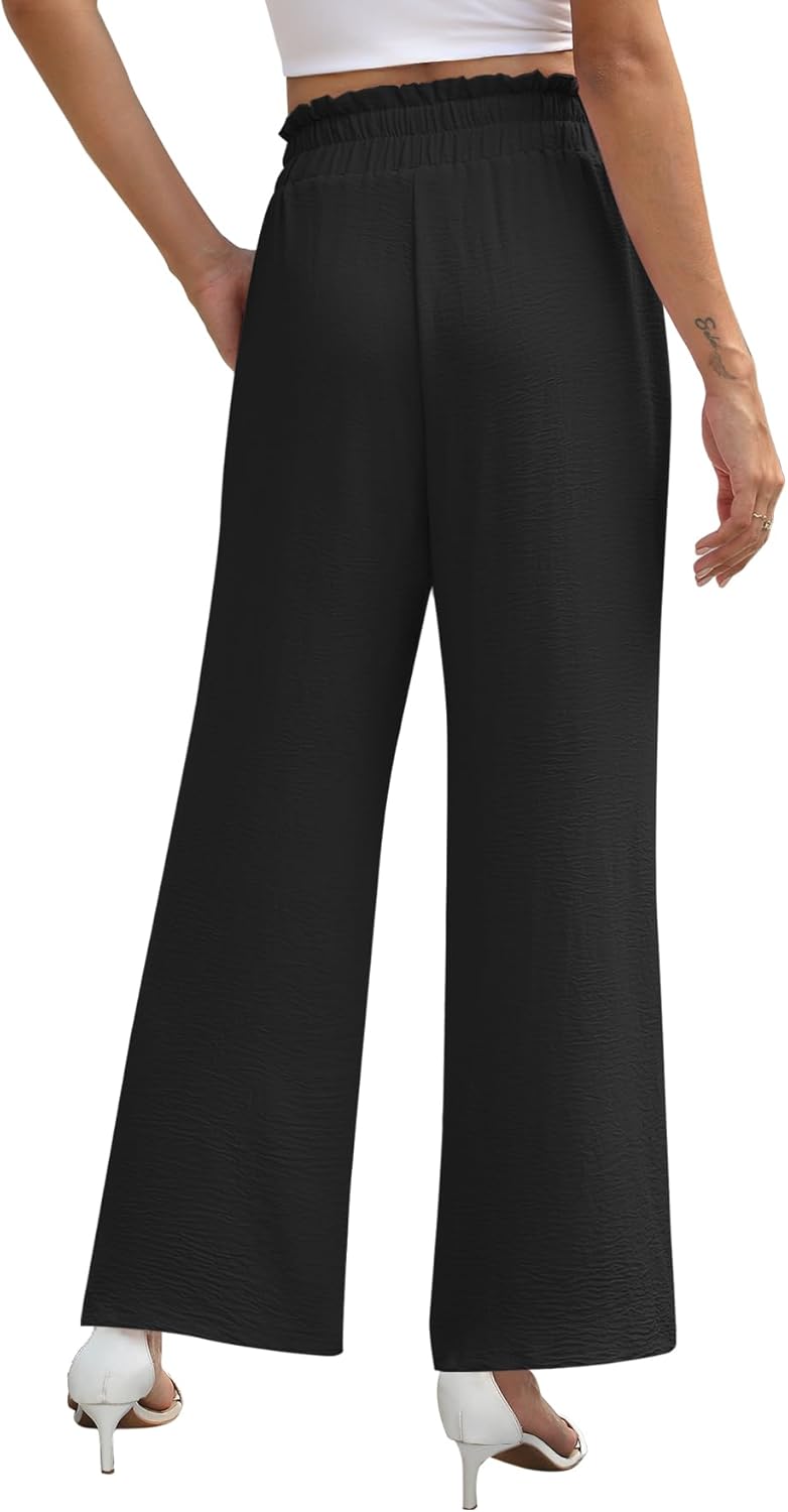 NILOUFO Women's High Waist Wide Leg Pants Elastic Drawstring Casual Loose Flowy Trousers with Pockets - Image 4