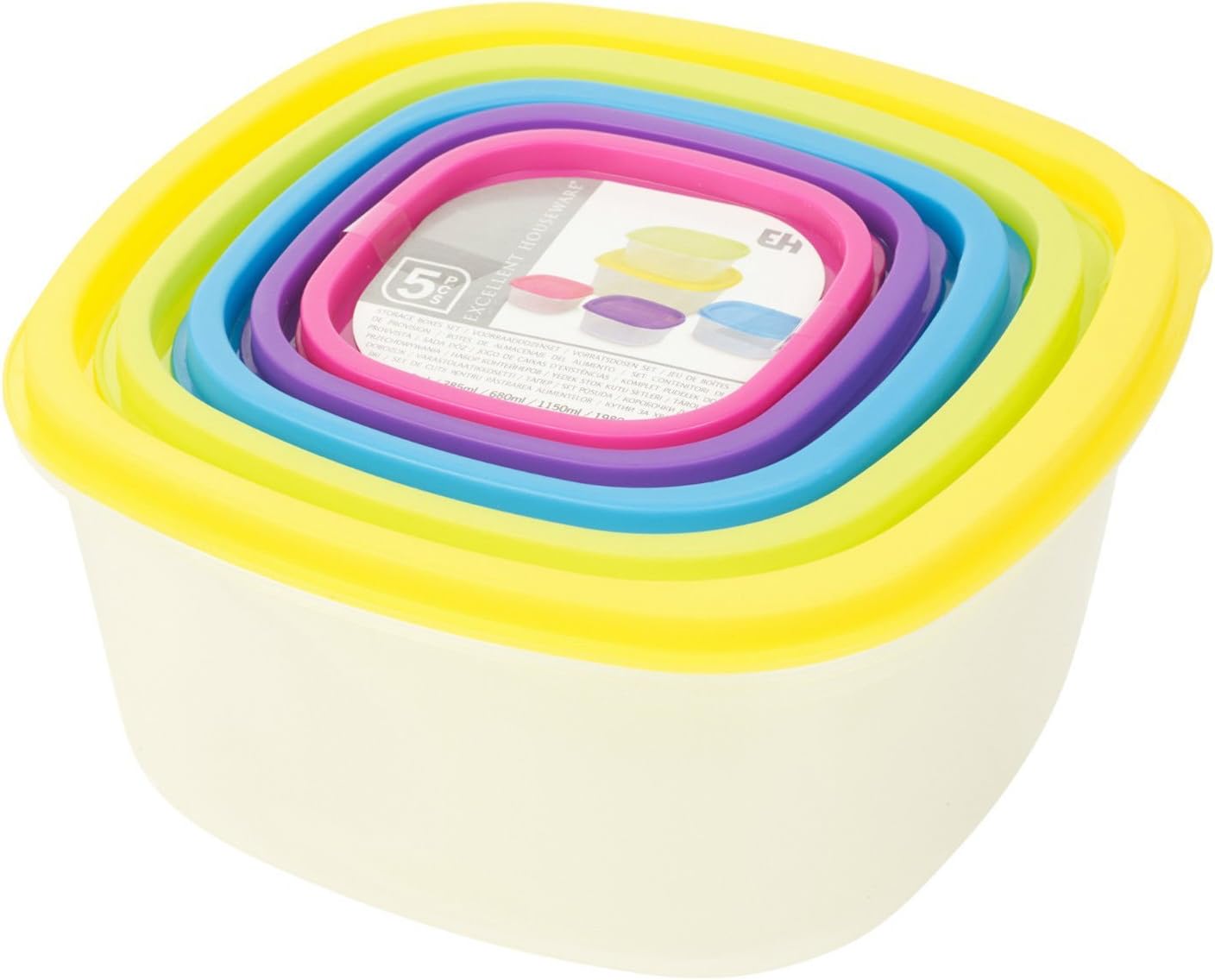 5 x Clear Plastic Food Microwave Storage Box Containers With Multi Colour Lids