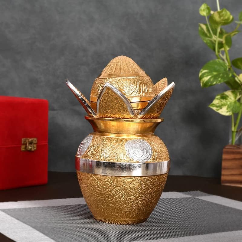 Gold and Silver Plated Mangal Pooja Kalash with Coconut and Leaves with Royal Velvet Box (Pack of 1)