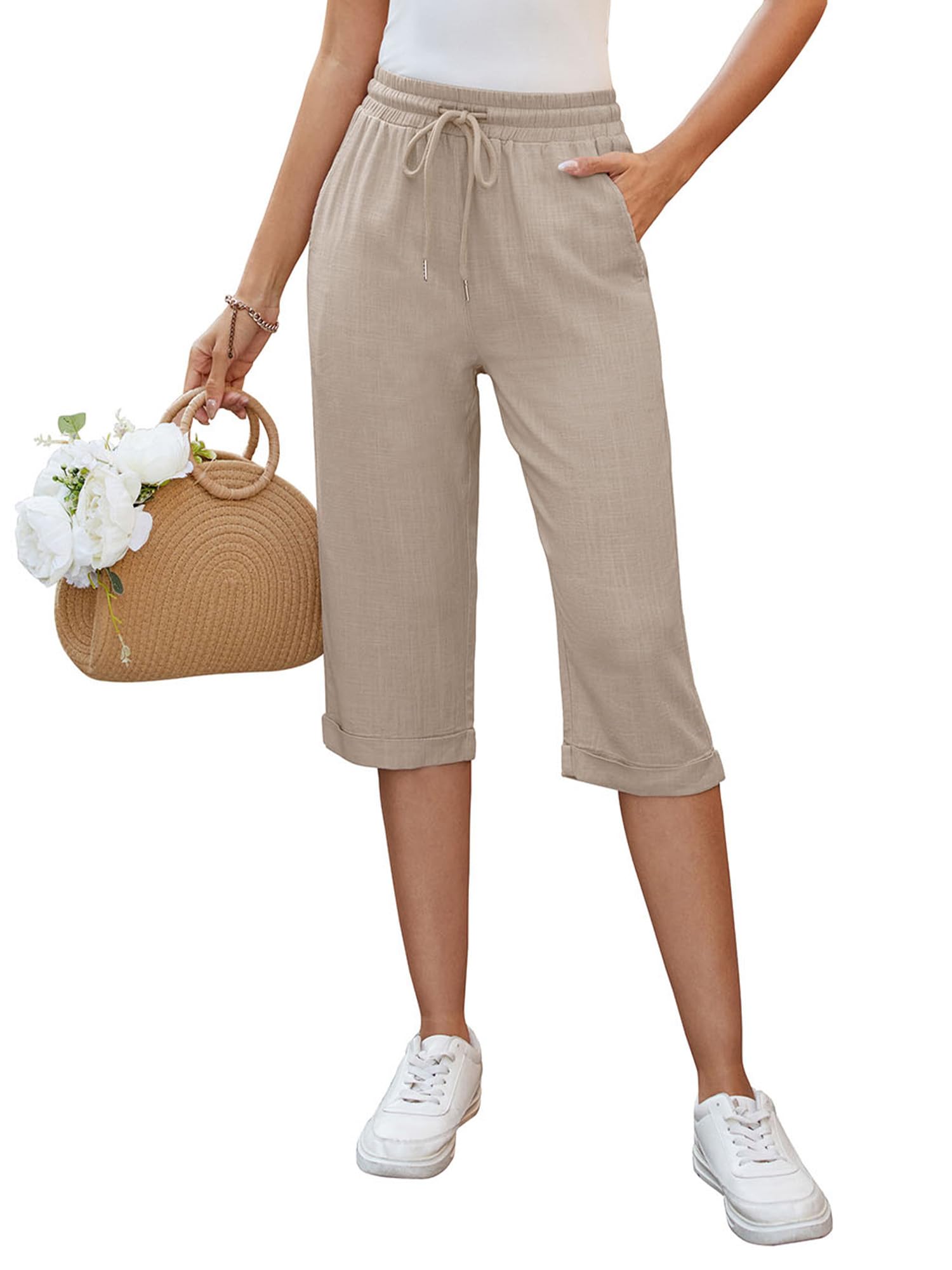 Auffortria Damen Leinen Sommerhose 3/4 Casual Leichte Baumwolle Leinenhose Bequeme Luftige Locker Freizeithose Strandhose Mit Taschen
