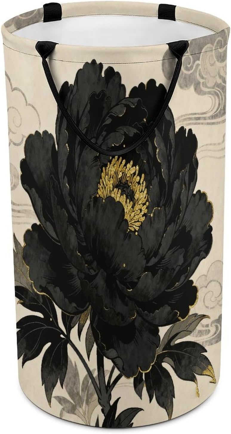 Black Peony Laundry Hamper Fashion Dirty Laundry Hamper Portable Laundry Hampers with Handles Lightweight Large Clothes Storage Basket for Bedroom Bathroom