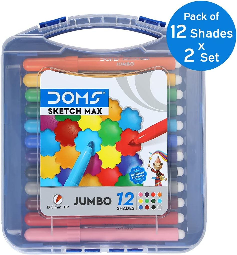Doms 12 Shades 5mm Sketch Max Jumbo Sketch Pen | Comes With Hard Plastic Transparent Case | Bright & Intense Colors | Non Toxic Colouring Range, Safe For Children | Pack of 2