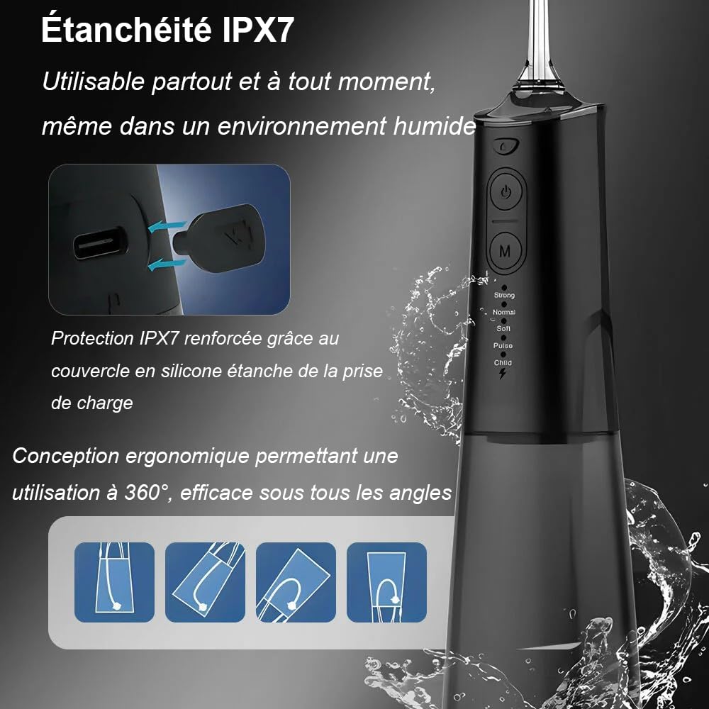 Oryzom-s Hydropulseur sans fil pour un soin dentaire & buccal optimal / 5 modes & 4 embouts/Réservoir de 300 ml/Étanchéité IPX7 / Jet dentaire pour gencives hydropulseur (Blanc)