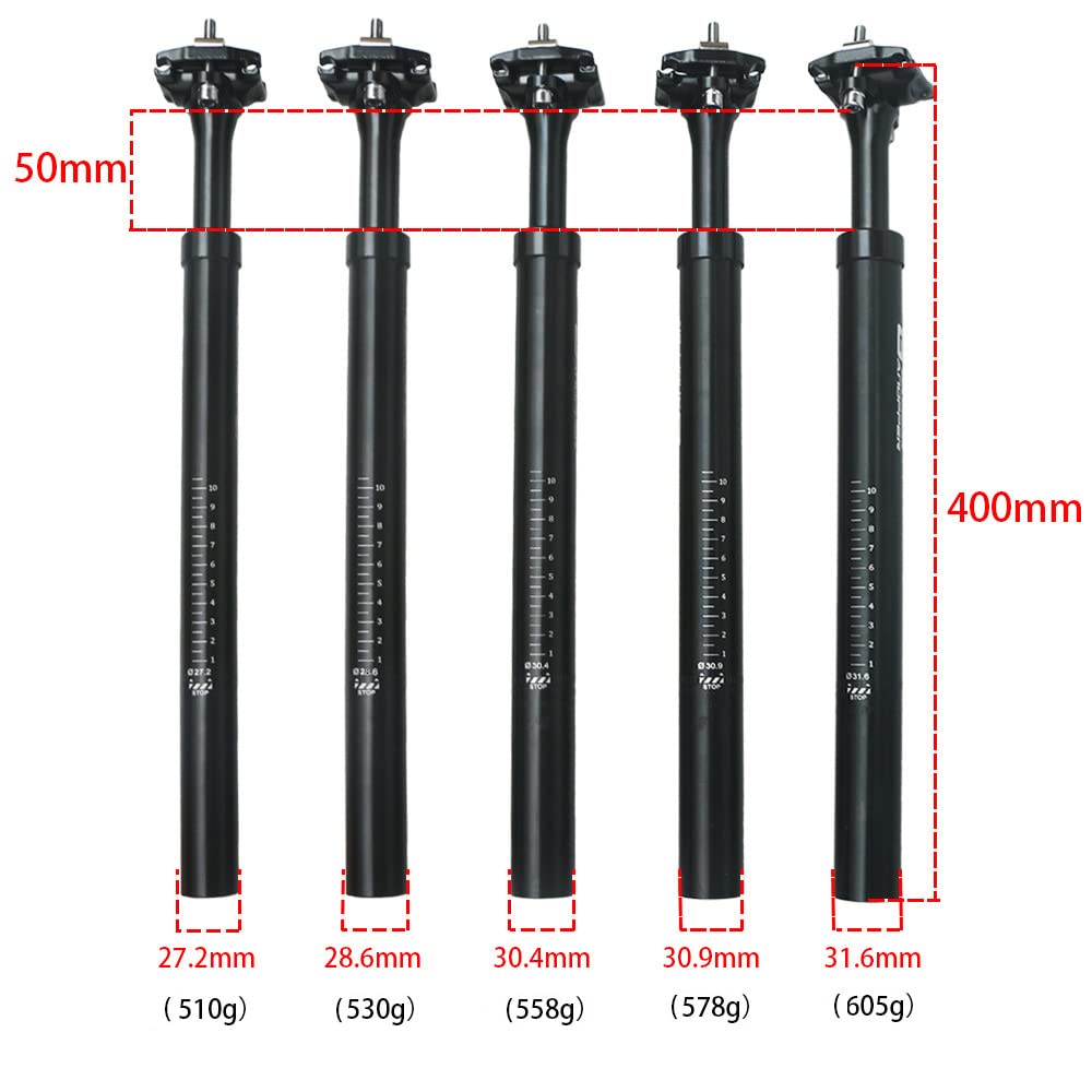 27,2/28,6/30,4/30,9/31,6mm Reggisella Ammortizzato MTB, Canotto Sella Ammortizzatore Bici in Alluminio Lunghezza 400mm per Bici elettrica, MTB, City Bike, Nero