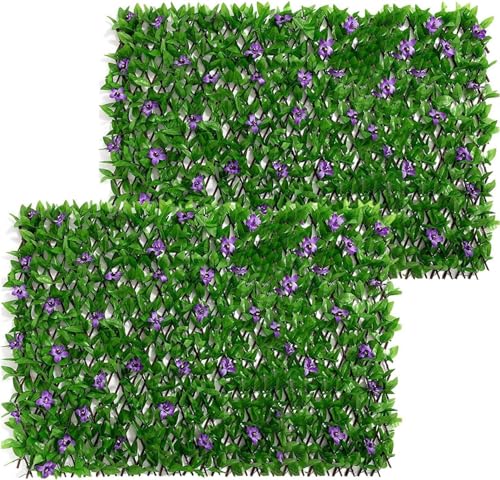 Expanding Trellis Panels 200x40cm With Artificial Leaves, Expandable Fence Screening With Ivy and Violet Flower, Garden Greenery Backdrop Decoration