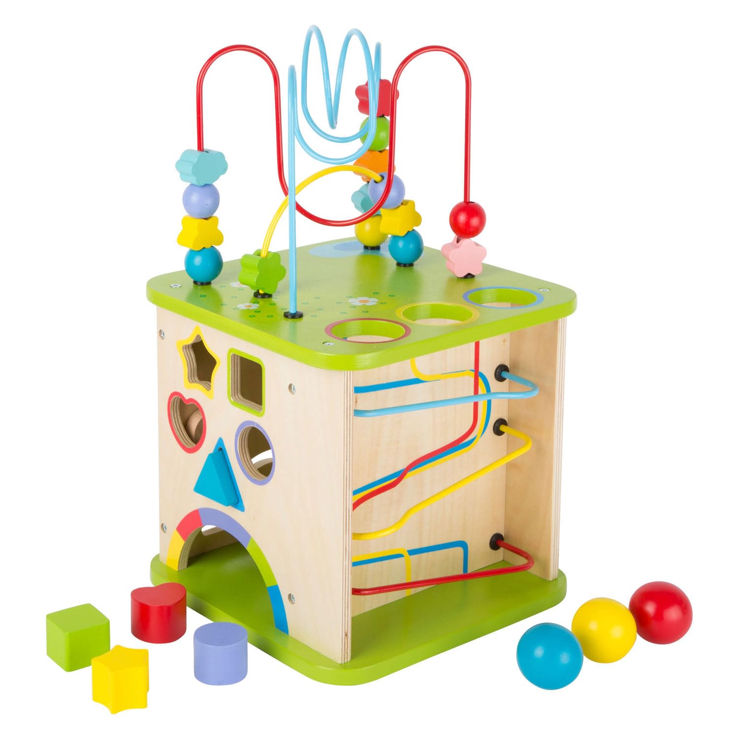 small foot Motorikwürfel aus stabilem Holz mit fünf Seiten Spielspaß, inkl. Motorikschleifen und Kugelbahn, 10605