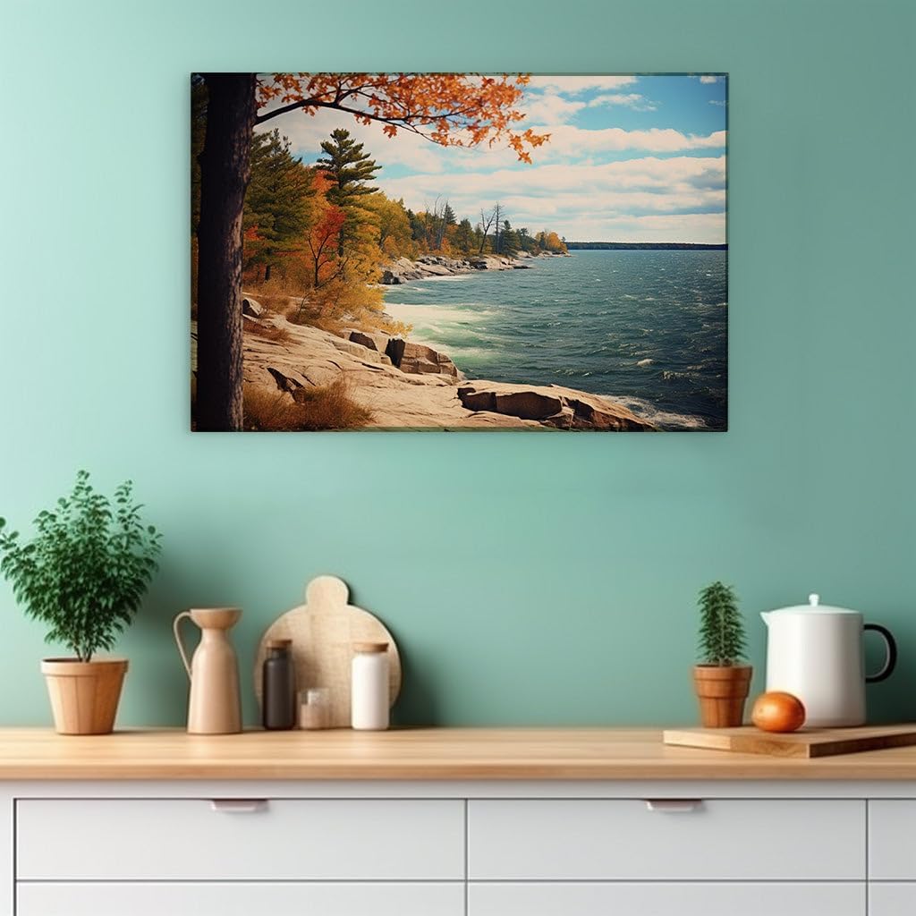 Canvas for Living room. Autumn Serenity by the Sapphire Lake Windswept Shores Cradle Nature's Palette, 27 x 18 inch Canvas Wall Art - Contemporary Masterpieces - Modern Home Decor