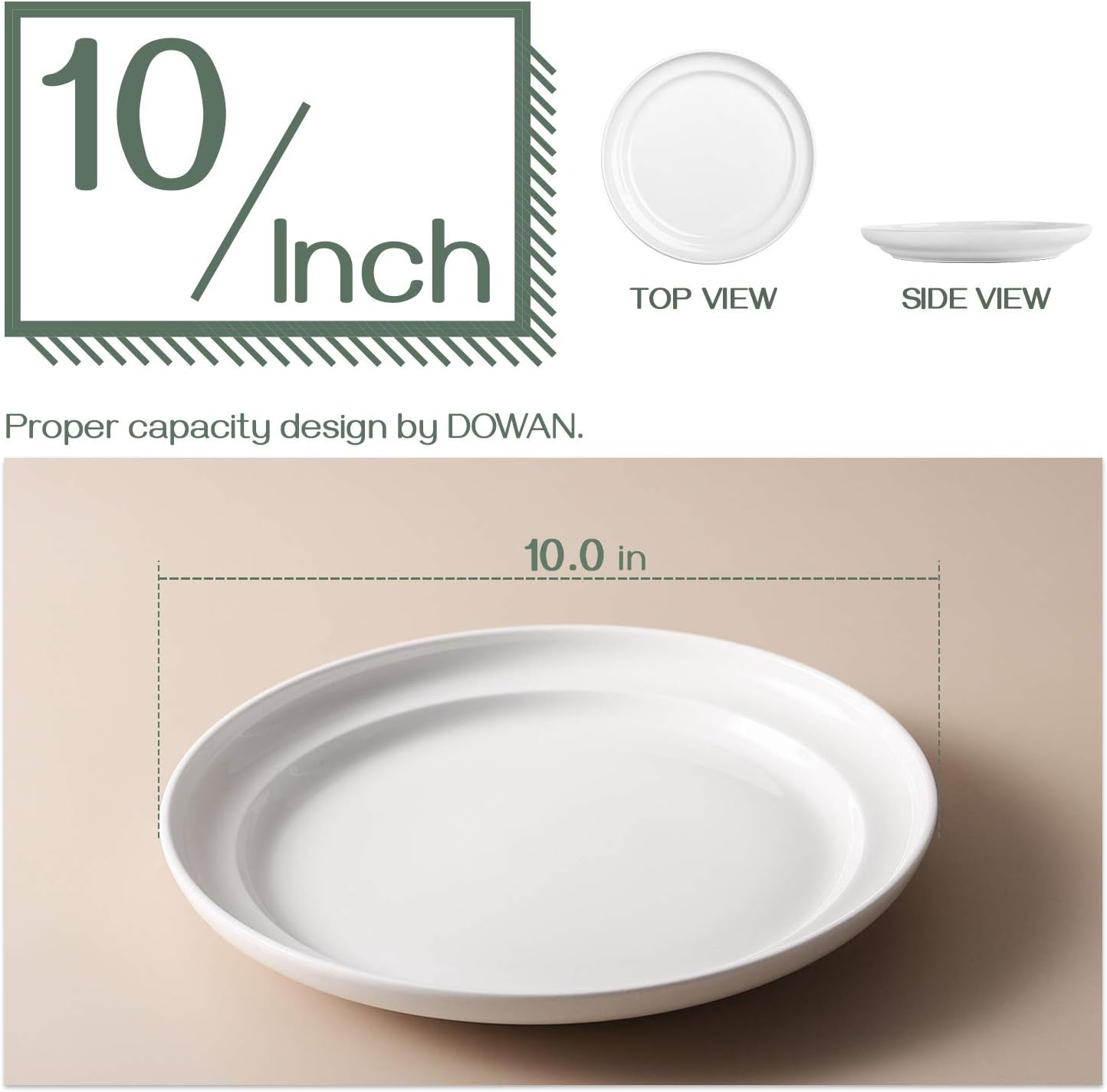 DOWAN 10" Dinner Plate, Round Dessert Serving Plates, White Salad Pasta Plate for Party Restaurant Kitchen Family Party, Dishwasher & Microwave Safe, Set of 6
