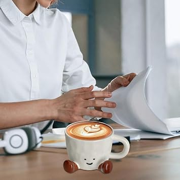 Cute Coffee Mug, Novelty Ceramic Coffee Mug with Feet, Hand Kneaded Cute Expression Tea Cup, Aesthetic Tableware Decoration, Also Used for Flower Pot, Pen Holder(Brown)