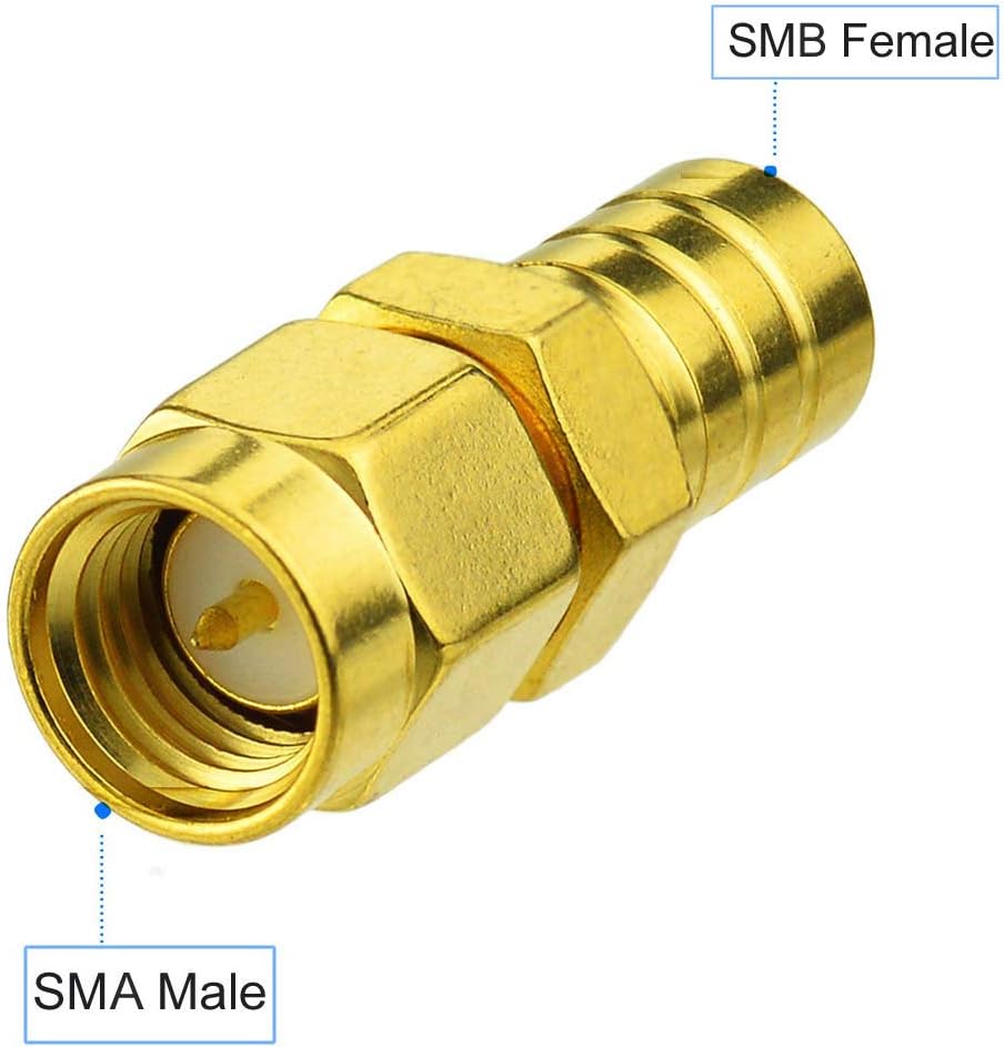Close-up of an SMA Male to SMB Female adapter