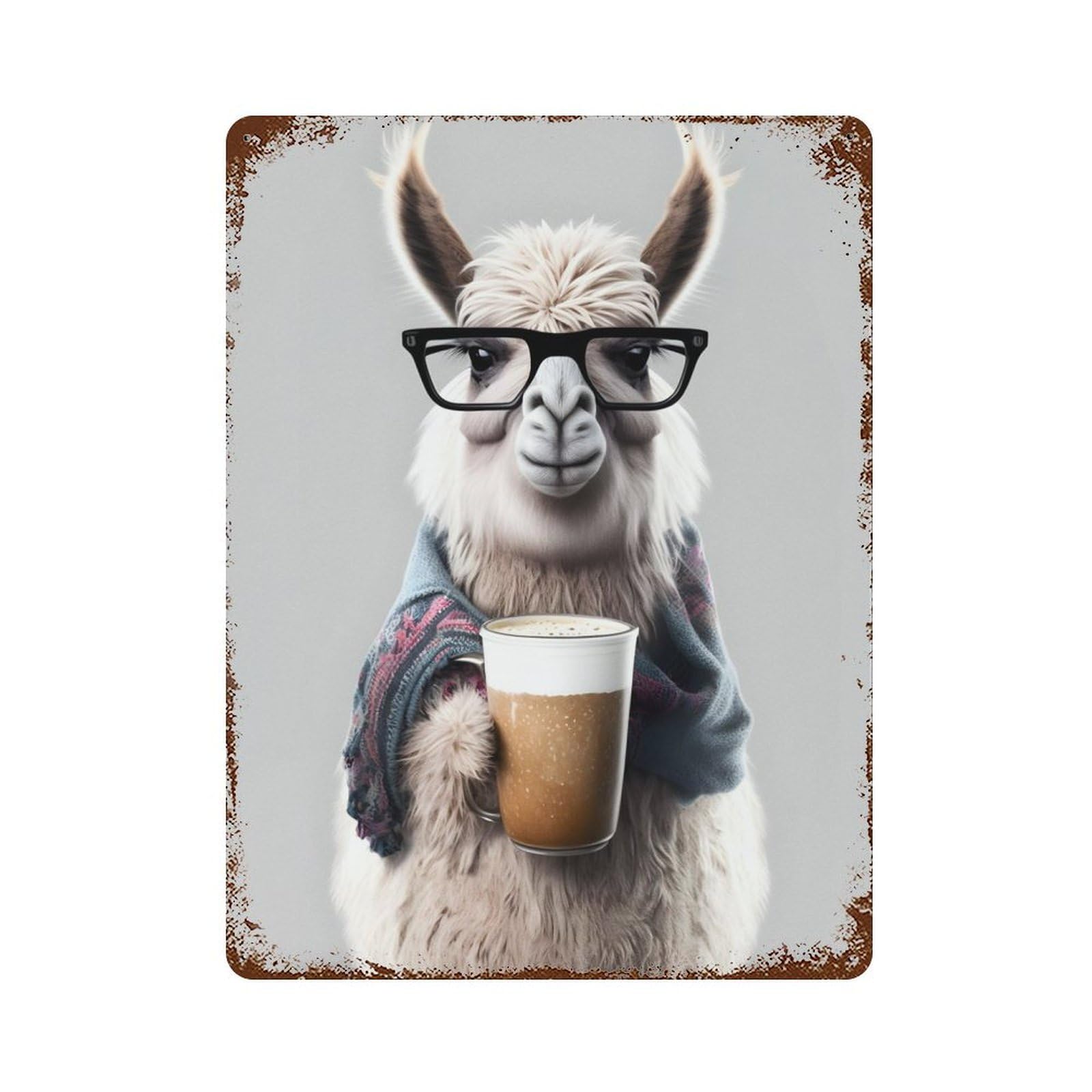 Cute Llama And Expresso Aged Metal Wall Plaque 15.7"x11.8", Farmhouse Wall Decor for Office, Studio And Wall Decor
