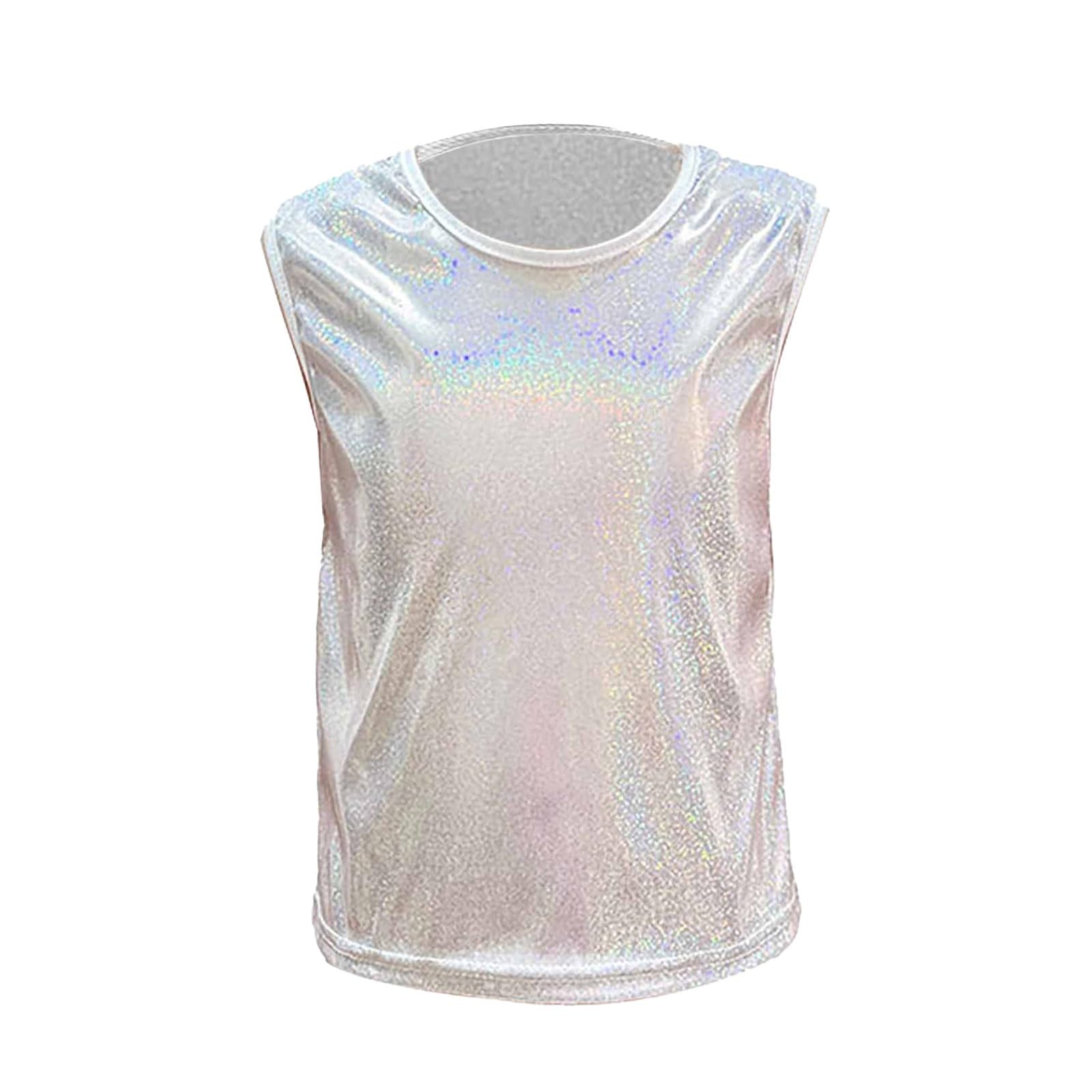 Camiseta De Baile Brillante para Niñas Sin Mangas con Un Solo Hombro Chaleco Moda Metálico para Animadoras Top De Baile Color Puro Chaleco Jazz Hip-Hop Cha-cha