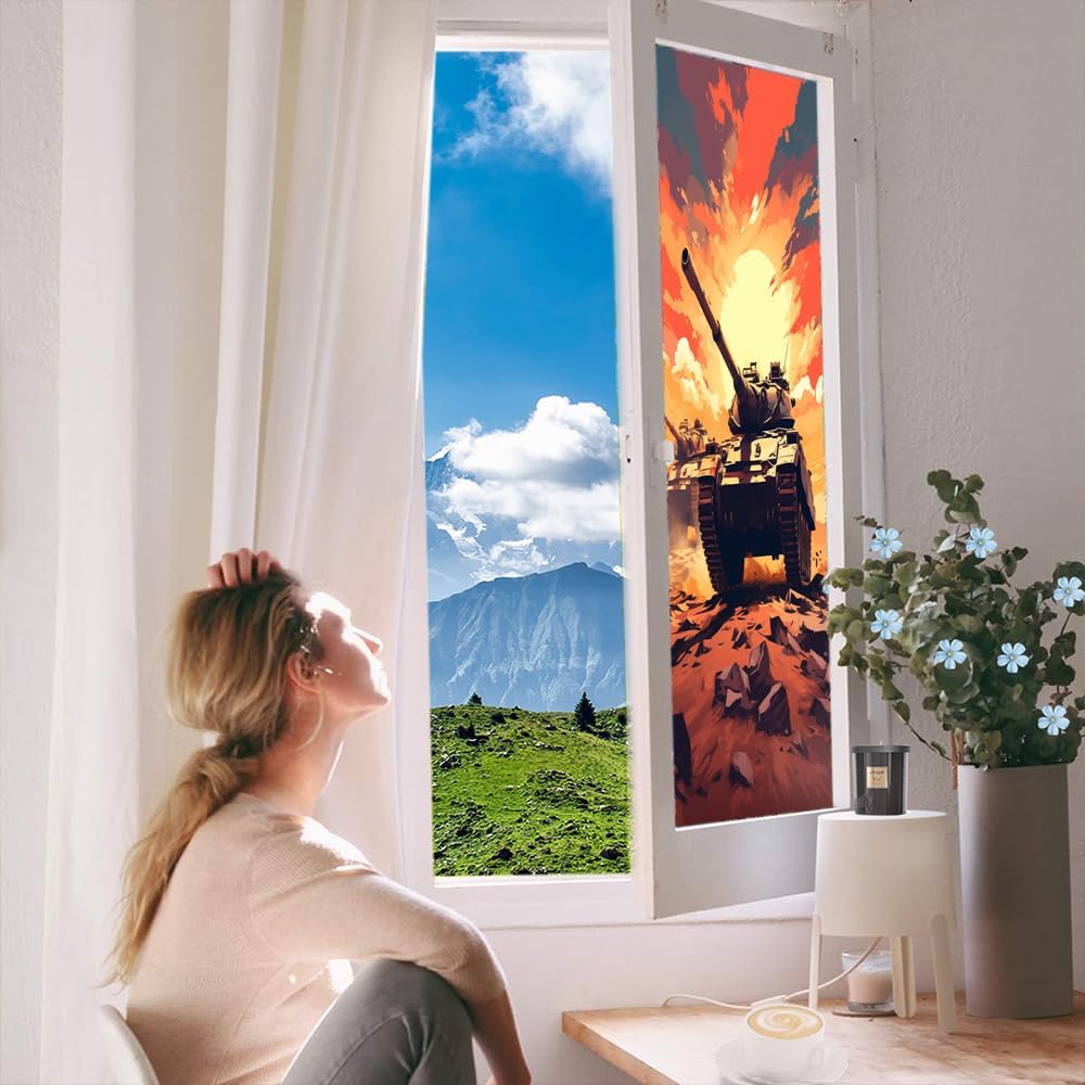 Tank War Stained Glass Window Film Sunset Red Clouds American Style Privacy Window Film Glass Door Covering Non-Adhesive Window Stickers for Bathroom Kitchen 35.4Wx63L