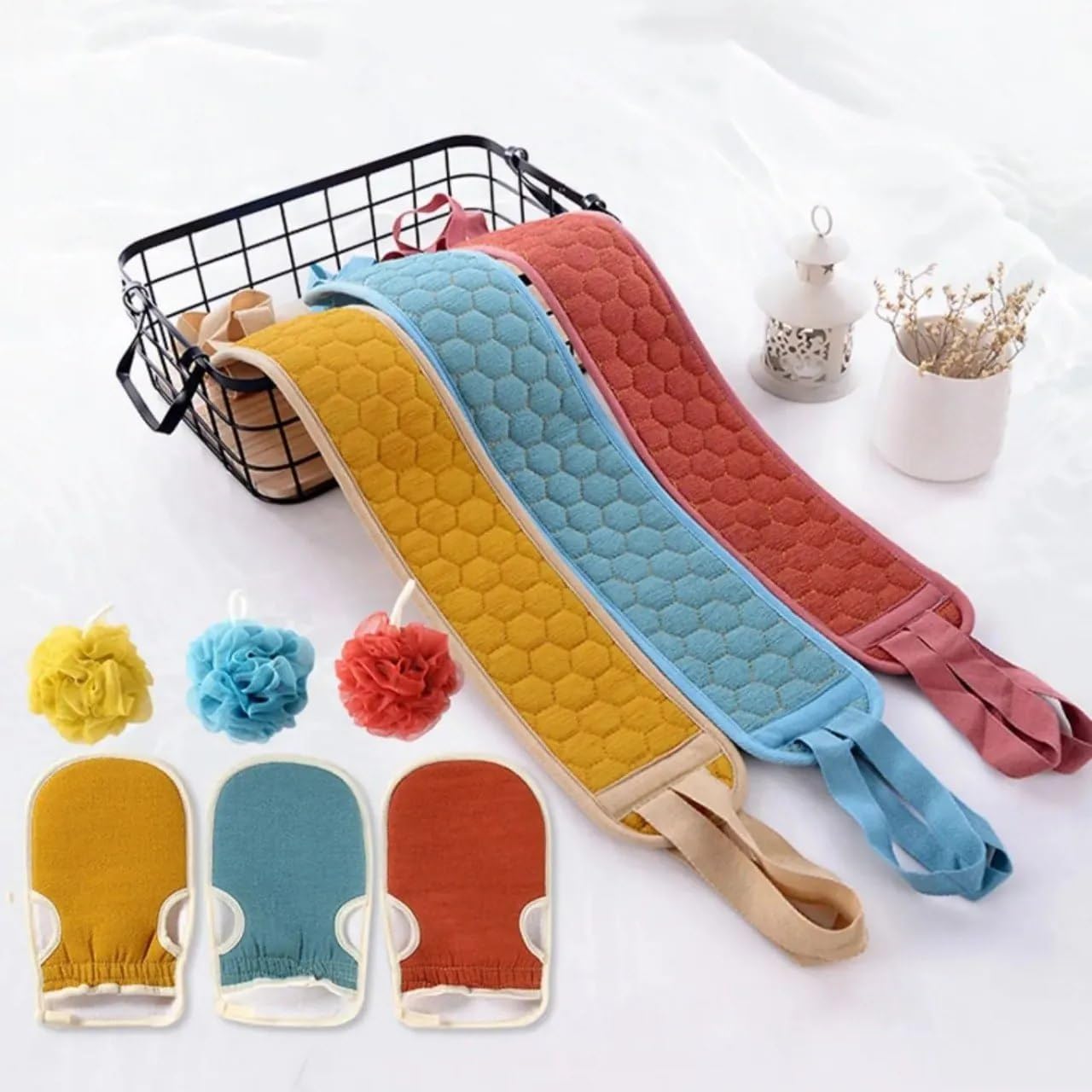 TARTAMYA Bath Shower Exfoliating Set, Back Scrubber Strap, Bath Glove Mitt and Mesh Loofah Sponge, Body Cleaning, Dead Skin Removal and Massage Spa Kit 4