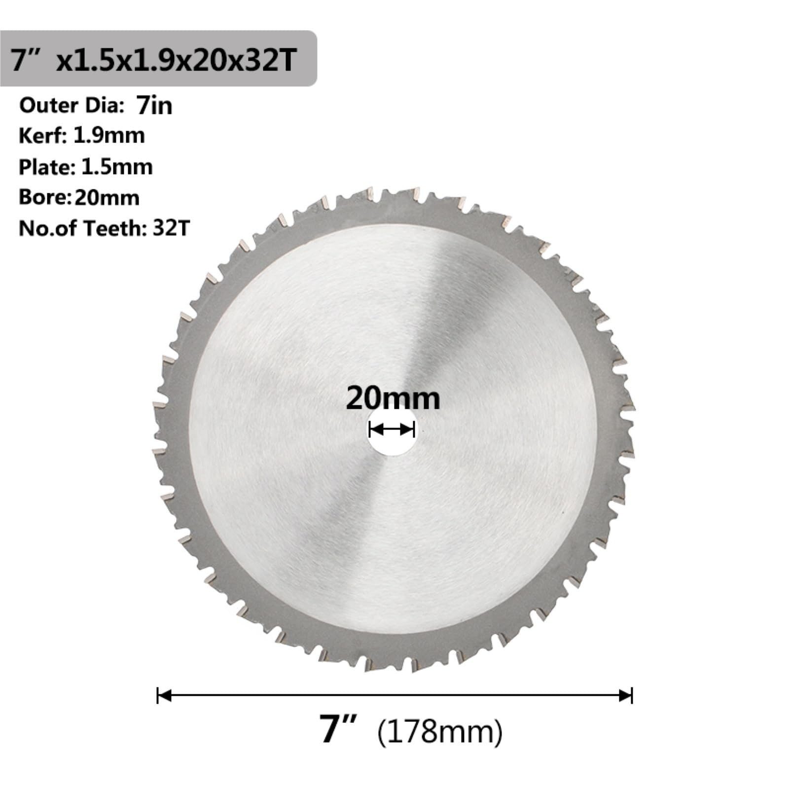 Brzeszczot do cięcia metalu 1PC ostrze do cięcia metalu 4 "/7" 20T 32T brzeszczot piły tarczowej aluminium żelazo stalowa tarcza węglik(7inchx1.5x1.9x20x32T)