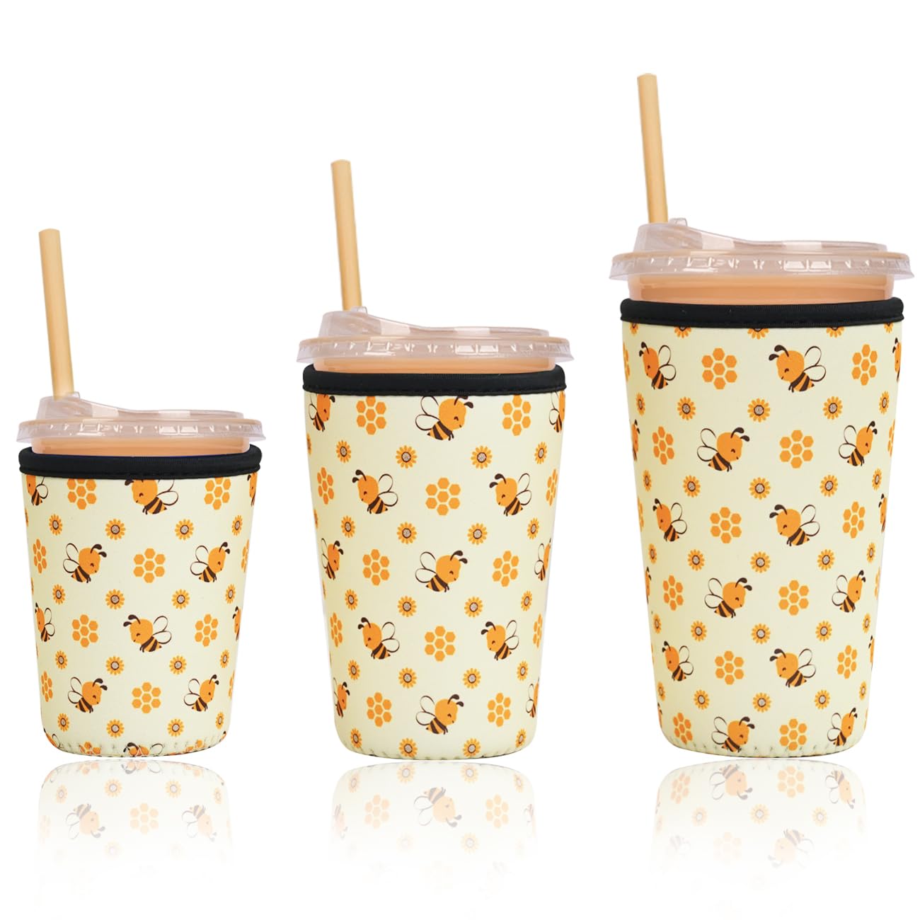 Reusable Insulated Sleeve for Iced Coffee Cup, 3-Pack Coffee Neoprene Drink Sleeve for Cold &amp; Hot Drinks, Beverage Holder for Iced Coffee (Honey Bees)