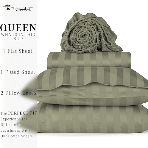 Miniatura 4 de URBANHUT Juego de sábanas de 800 hilos de algodón egipcio de damasco a rayas tamaño Queen (4 unidades), ultrasuaves y lisas, tejido satinado, tamaño