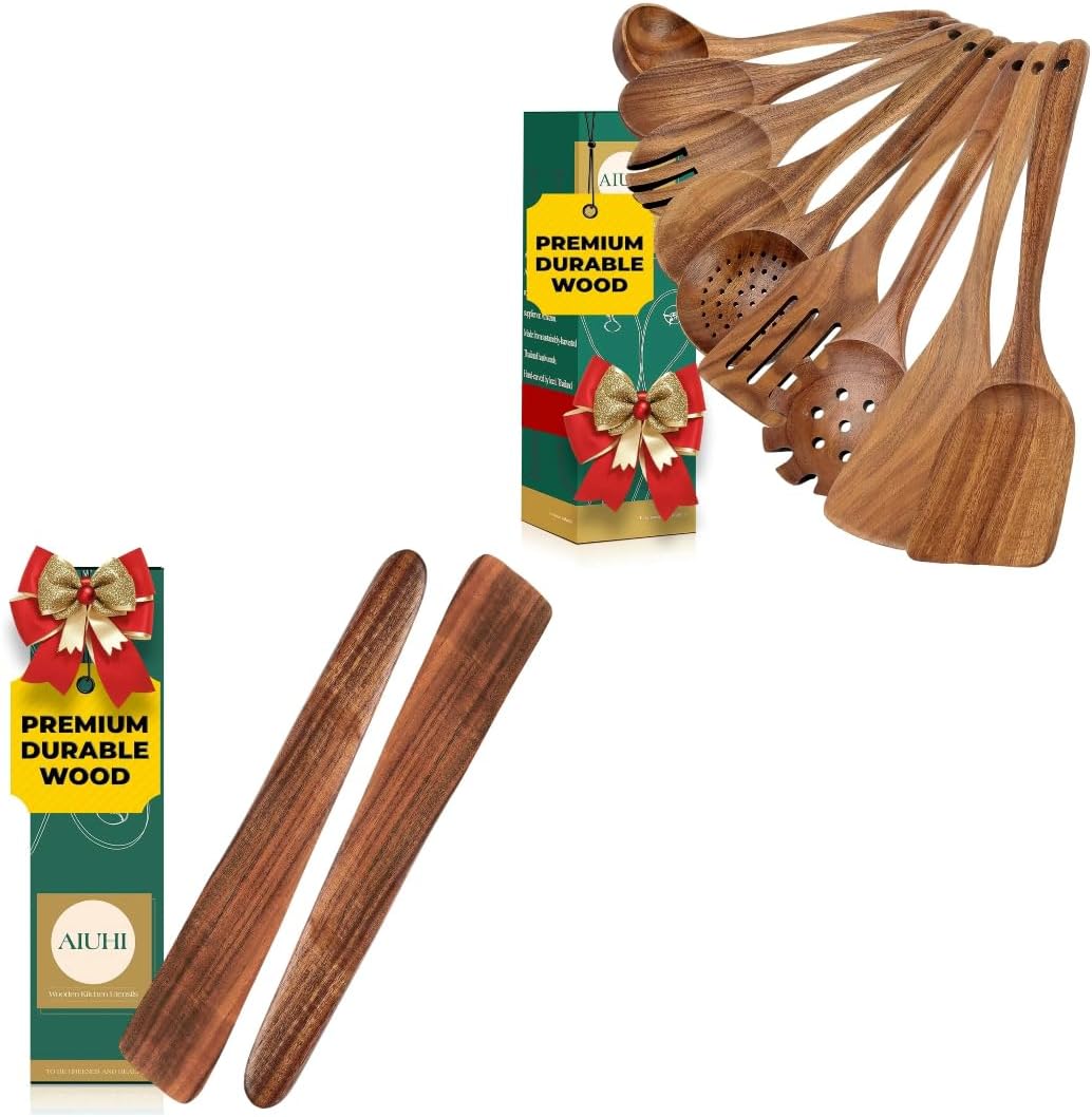 AIUHI Teak Wood Kitchen Utensil Set, 11PCS Wooden Spoons, Spatulas, Turner & Flipper for Non-stick Cookware