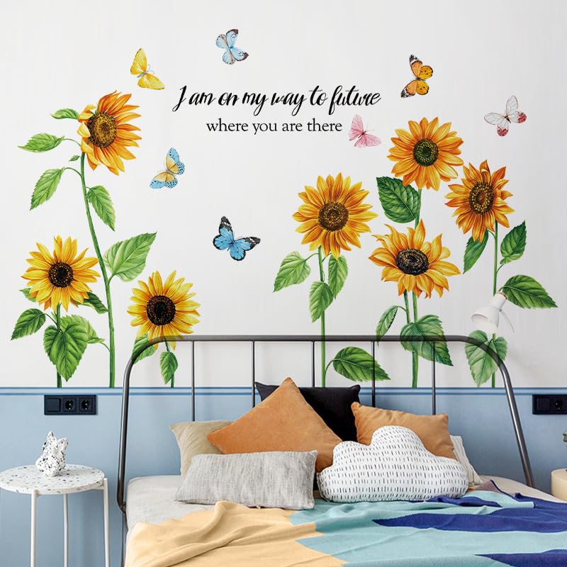 FUFUQUARE Yellow Sunflowers Wall Stickers Inspirational Quotes Butterfly Floral Wall Art Decals Peel and Stick for Home Door Nursery Living Room Bedroom - Image 4