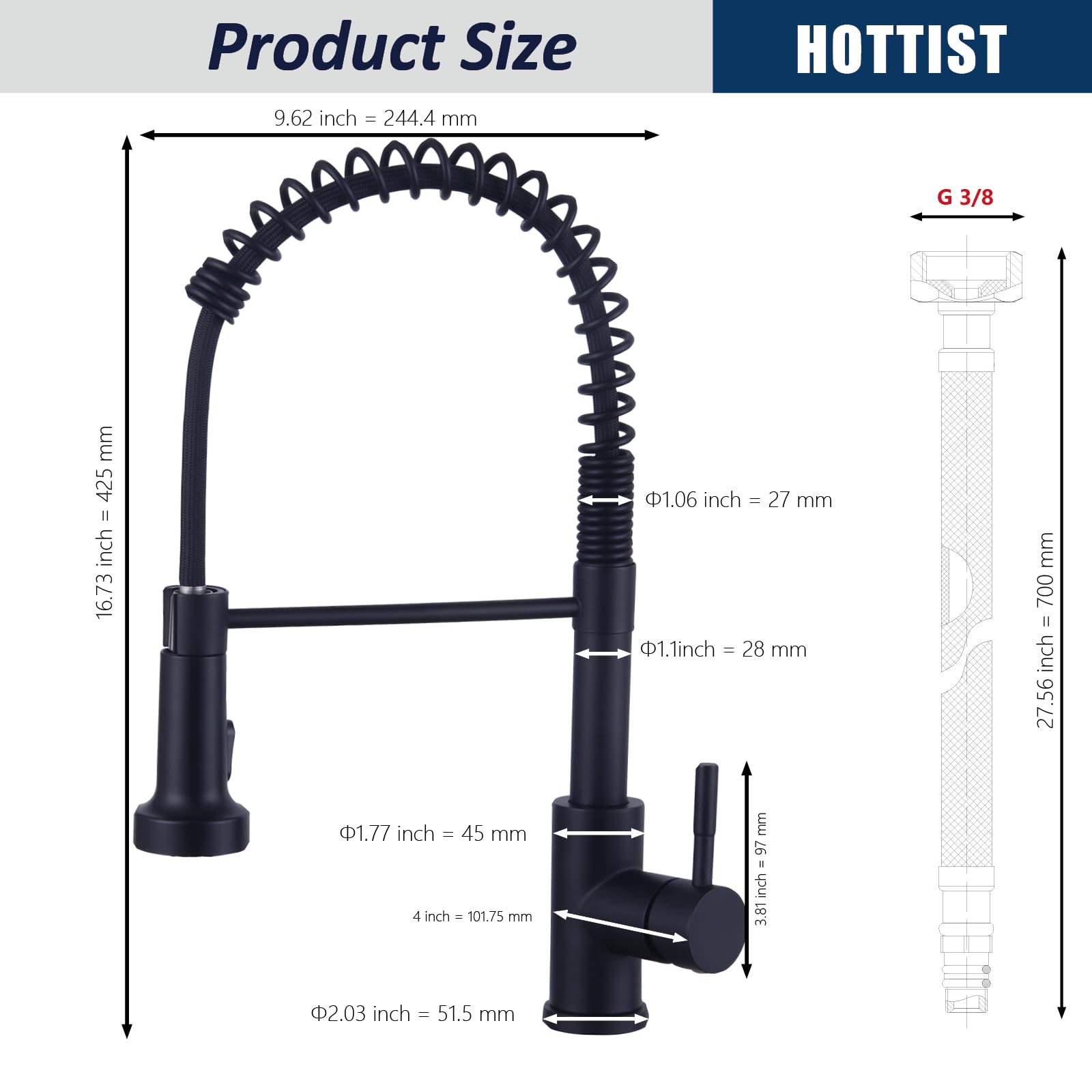 Wasserhahn Küche Schwarz, Hochdruck Küchenarmatur mit Brause Ausziehbar, Hoher Bogen Mischbatterie Küche 360°Drehbar 2 Sprühfunktionen, Spiralfeder Spültischarmatur Edelstahl, Mattschwarz