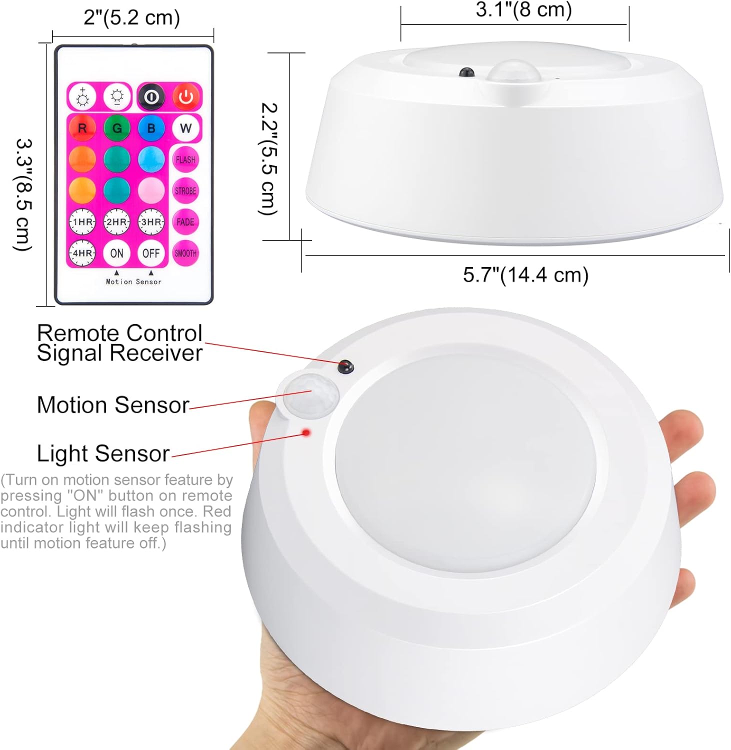 BIGMONAT Motion Sensor Shower Light USB Rechargeable, Wireless Ceiling Light with Remote, RGB Bathroom Light, Dimmable Battery Light for Closet Pantry Hallway Bedroom Dorm Hallway