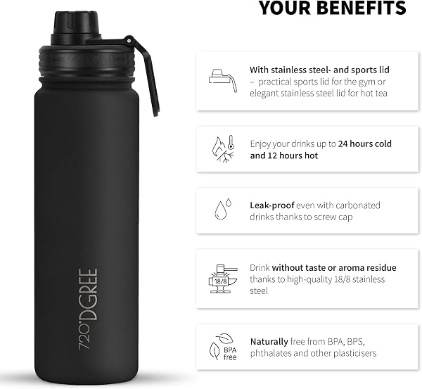 720°DGREE Bouteille Isotherme "noLimit" - 410ml, 530ml, 710ml, 950ml, 1200ml | Gourde en Acier Inoxydable d'eau, thé, café, jus, boisson chaud ou froid | Premium de Isolée sous vide +Sport-Couvercle - 2