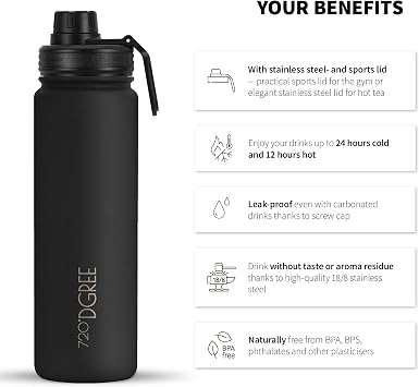 720°DGREE Vaccum Insulated Water Bottle “noLimit“ - 410ml - Leakproof, BPA-Free, Thermo Stainless Steel Flask - for Carbonated Drinks, Kids, Children, Sports, Gym, School, Travel, Outdoor +Sports-Cap