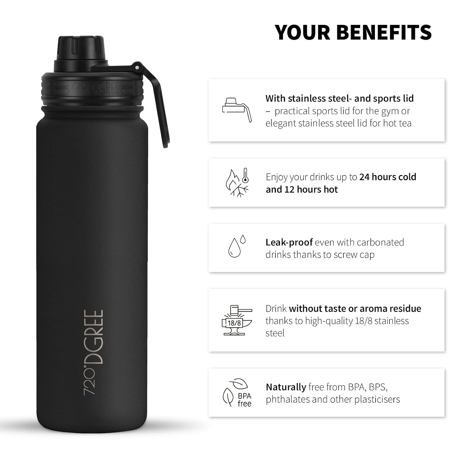 720°DGREE Stainless Steel Water Bottle “noLimit“ - 410ml, 530ml, 710ml, 950ml, 1200ml - Leakproof, BPA-Free, Insulated Flask - For Sports, Gym, School, Travel, Carbonated Drinks +Free Sports-Cap image 2