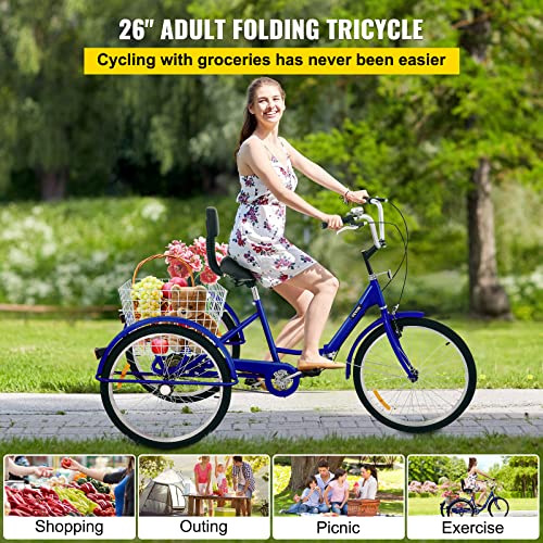 Bkisy Tricycle Adult 26'' Wheels Adult Tricycle 1-Speed 3 Wheel Bikes White For Adults Three Wheel Bike For Adults Adult Trike Adult Folding Tricycle Foldable 3 Wheel Bike For Adults (Blue 26-1) #TOP1