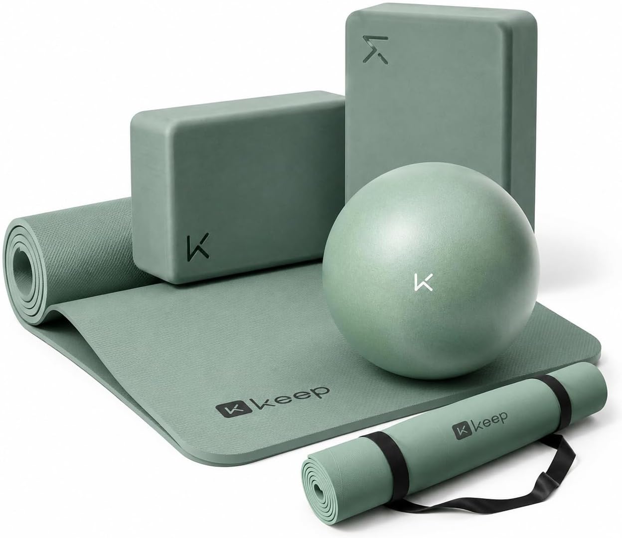 KEEP Complete Yoga & Pilates Set, Pale Green - Includes Extra Large TPE Workout Mat (72"x32"x7mm, Two-Tone Oatmeal White), 25cm Mini Balance Ball, and 2-Pack High-Density EVA Yoga Blocks